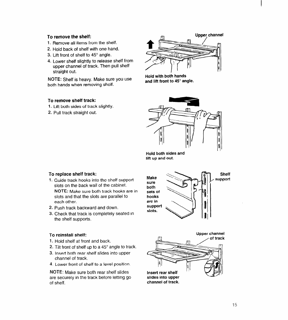To remove the shelf, To remove shelf track, To replace shelf track | To reinstall shelf | Whirlpool UPRIGHT FREEZER User Manual | Page 16 / 36