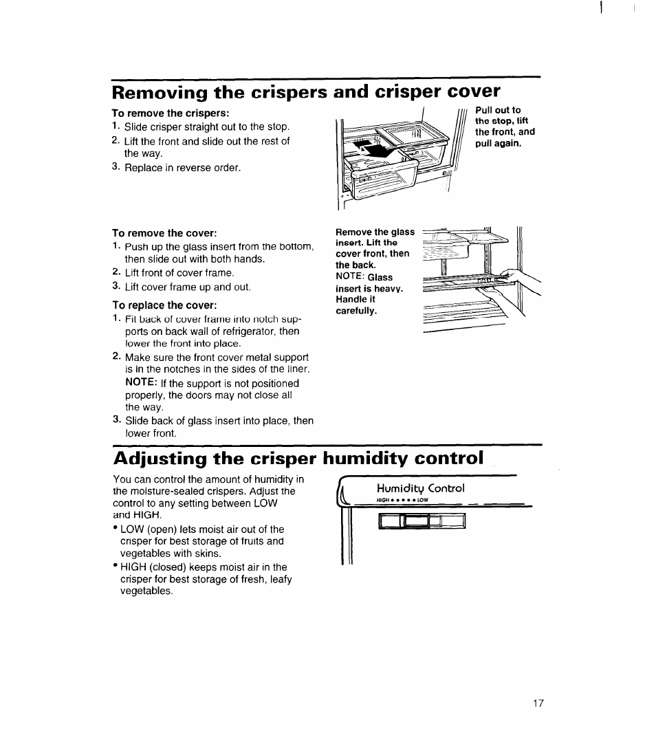 Removing the crispers and crisper cover, To remove the cover, Humidity control | Adjusting the crisper humidity control, I" i | Whirlpool UPRIGHT FREEZER User Manual | Page 18 / 36