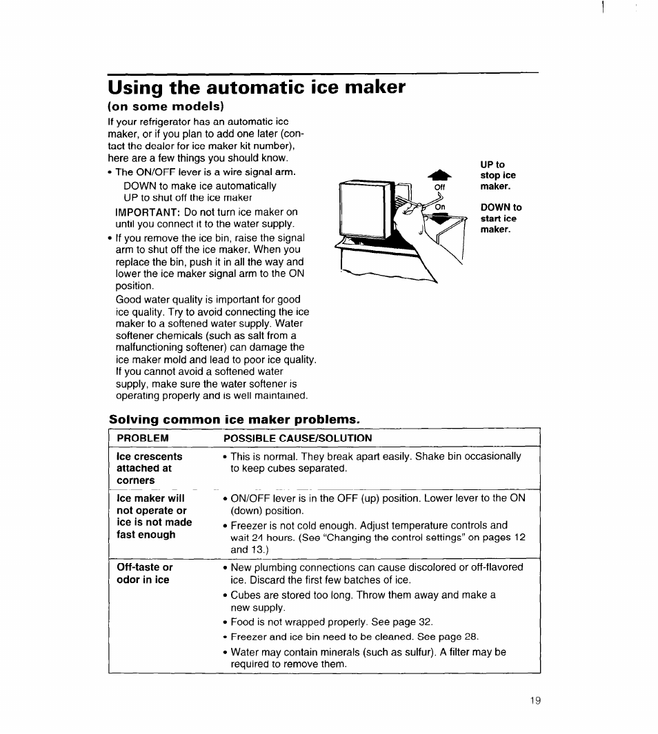 Using the automatic ice maker, On some models), Solving common ice maker problems | Whirlpool UPRIGHT FREEZER User Manual | Page 20 / 36