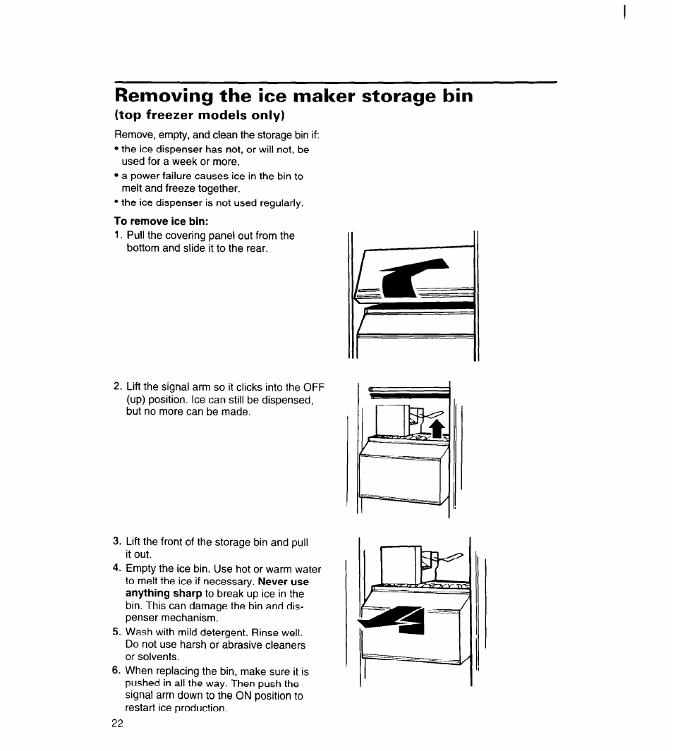 Removing the ice maker storage bin, Top freezer models only), To remove ice bin | Whirlpool UPRIGHT FREEZER User Manual | Page 23 / 36