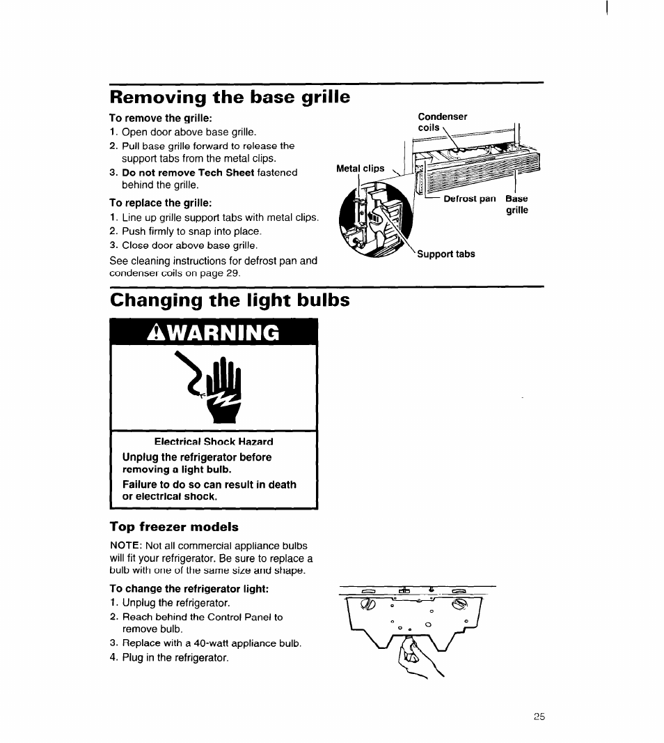 Removing the base grille, Changing the light bulbs, Top freezer models | Warning | Whirlpool UPRIGHT FREEZER User Manual | Page 26 / 36