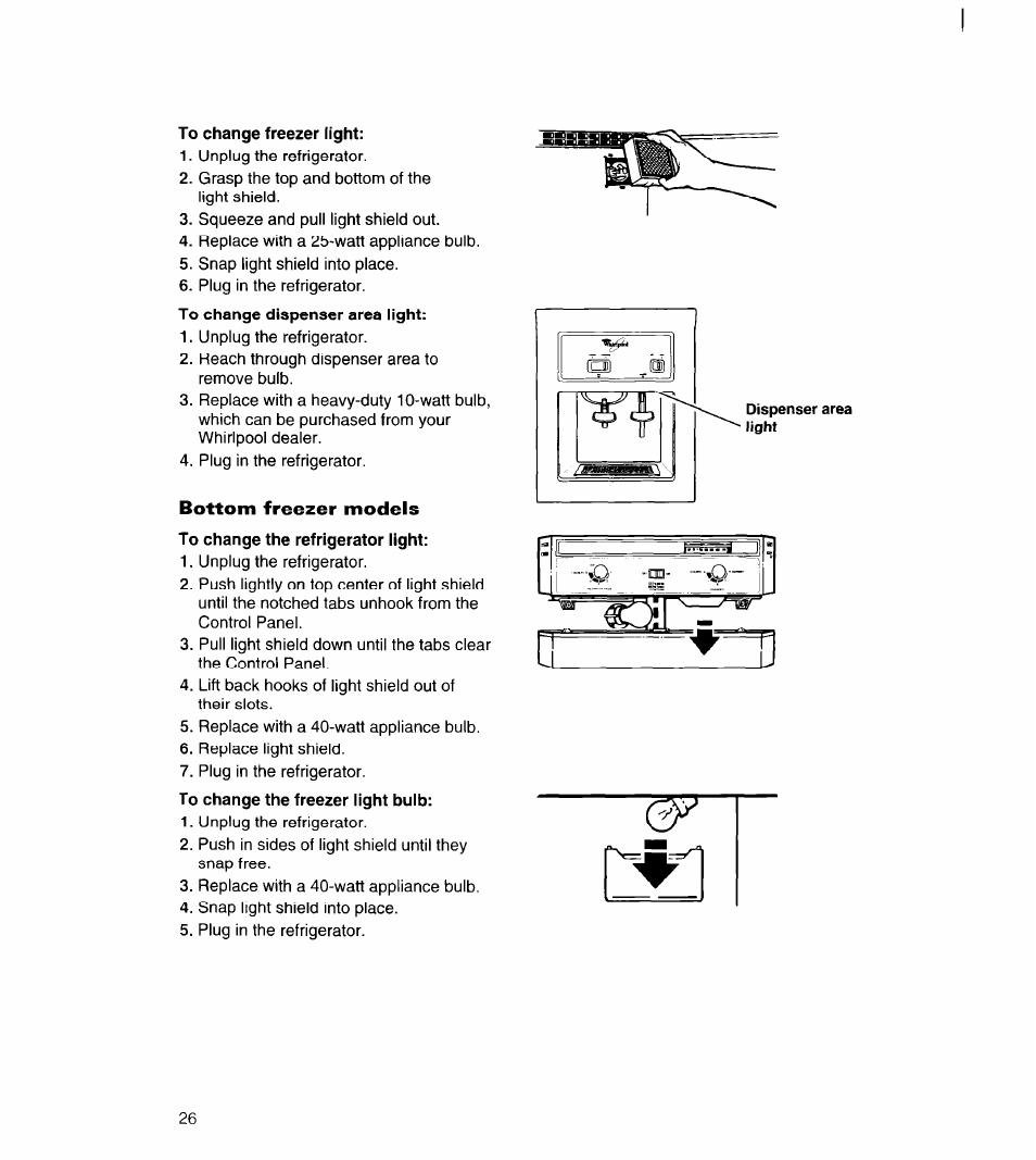 To change freezer light, Bottom freezer models | Whirlpool UPRIGHT FREEZER User Manual | Page 27 / 36