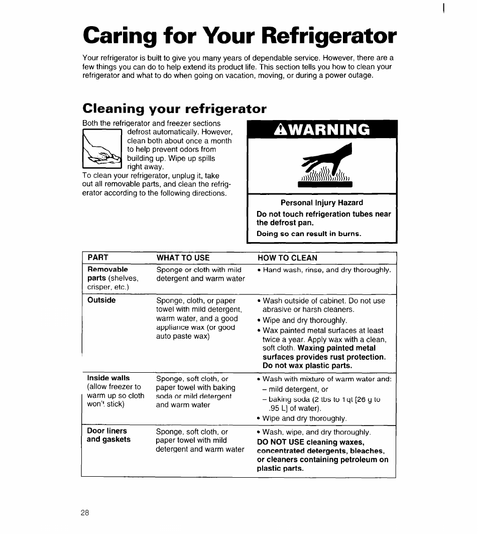 Caring for your refrigerator, Cleaning your refrigerator, Awarning | Whirlpool UPRIGHT FREEZER User Manual | Page 29 / 36