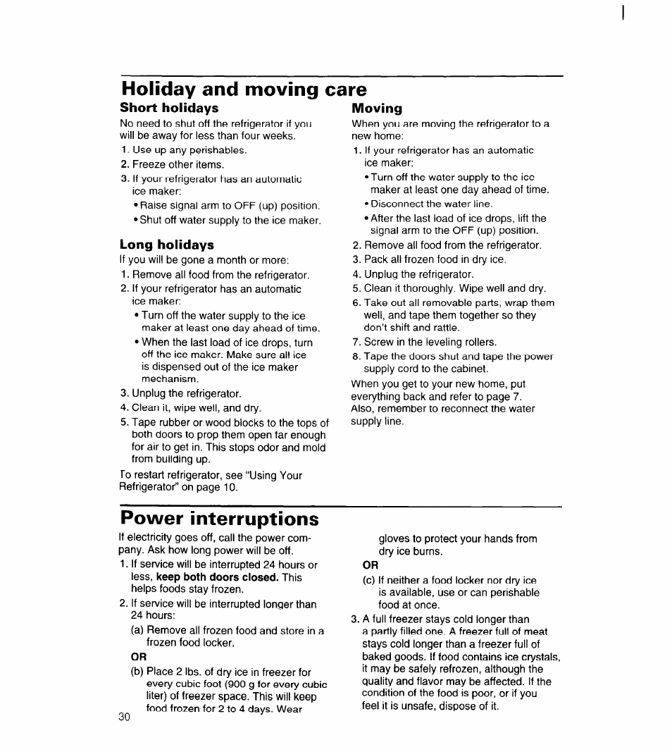Long holidays, Power interruptions, Holiday and moving care | Whirlpool UPRIGHT FREEZER User Manual | Page 31 / 36