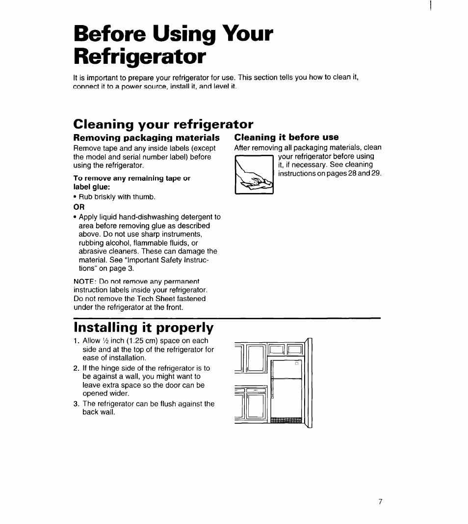 Before using your refrigerator, Cleaning your refrigerator, Removing packaging materials | Cleaning it before use, Installing it properly, Using your refrigerator | Whirlpool UPRIGHT FREEZER User Manual | Page 8 / 36