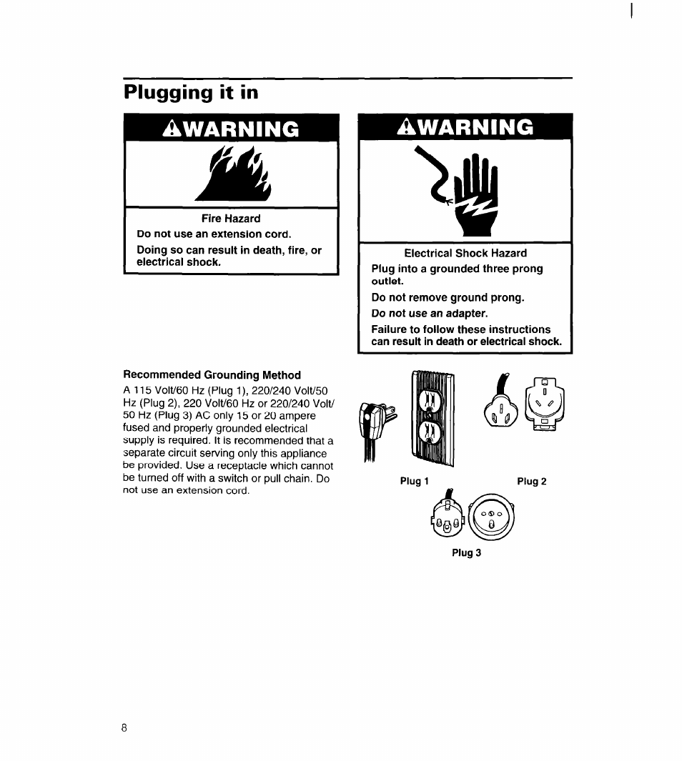 Plugging it in, Awarning | Whirlpool UPRIGHT FREEZER User Manual | Page 9 / 36