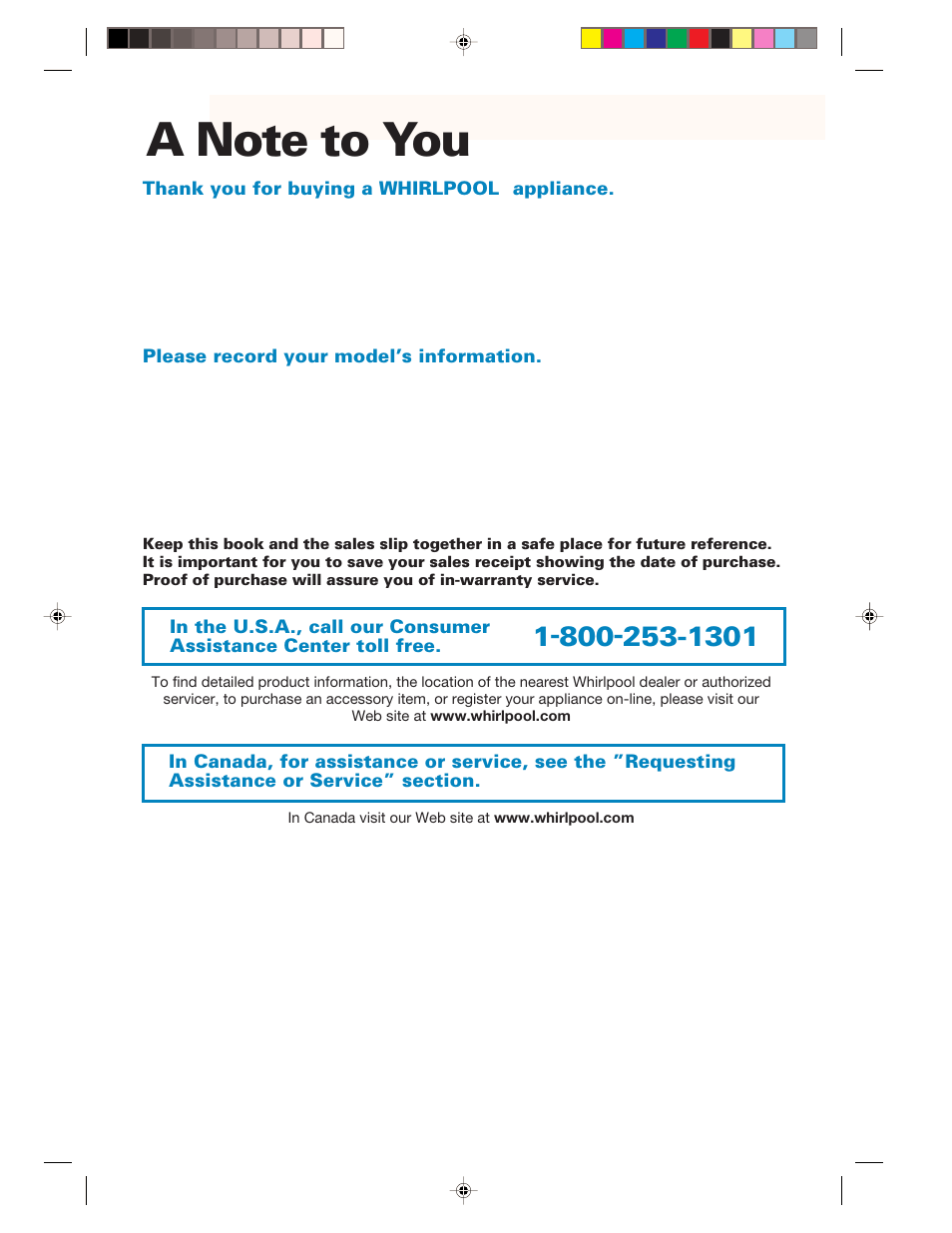 A note to you | Whirlpool YMH6130XE User Manual | Page 3 / 60