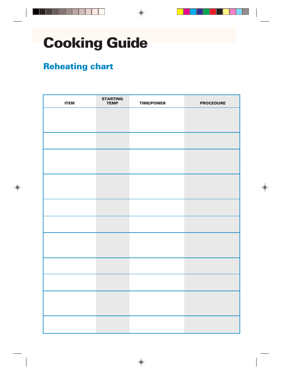 Cooking guide, Reheating chart | Whirlpool YMH6130XE User Manual | Page 48 / 60