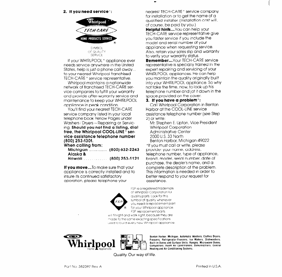 If you need service, If you have a problem, Whirlpool | Whirlpool LB5500XK User Manual | Page 12 / 12