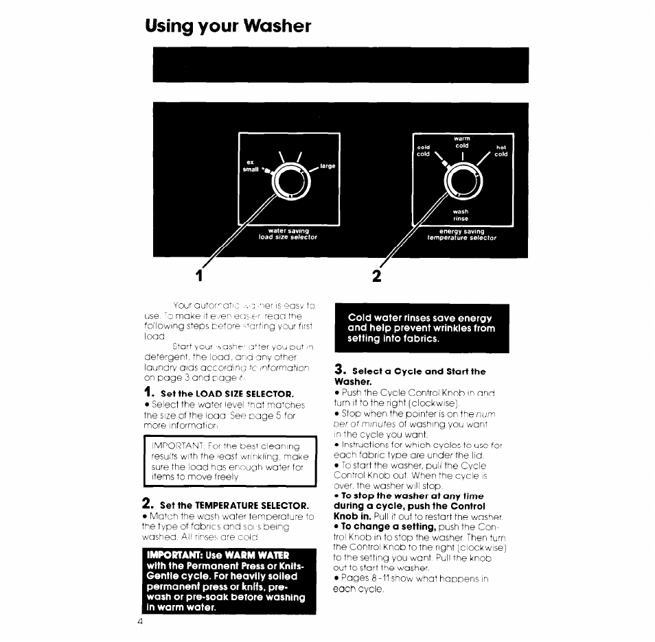 Select a cycle and start the washer, Using your washer | Whirlpool LB5500XK User Manual | Page 4 / 12