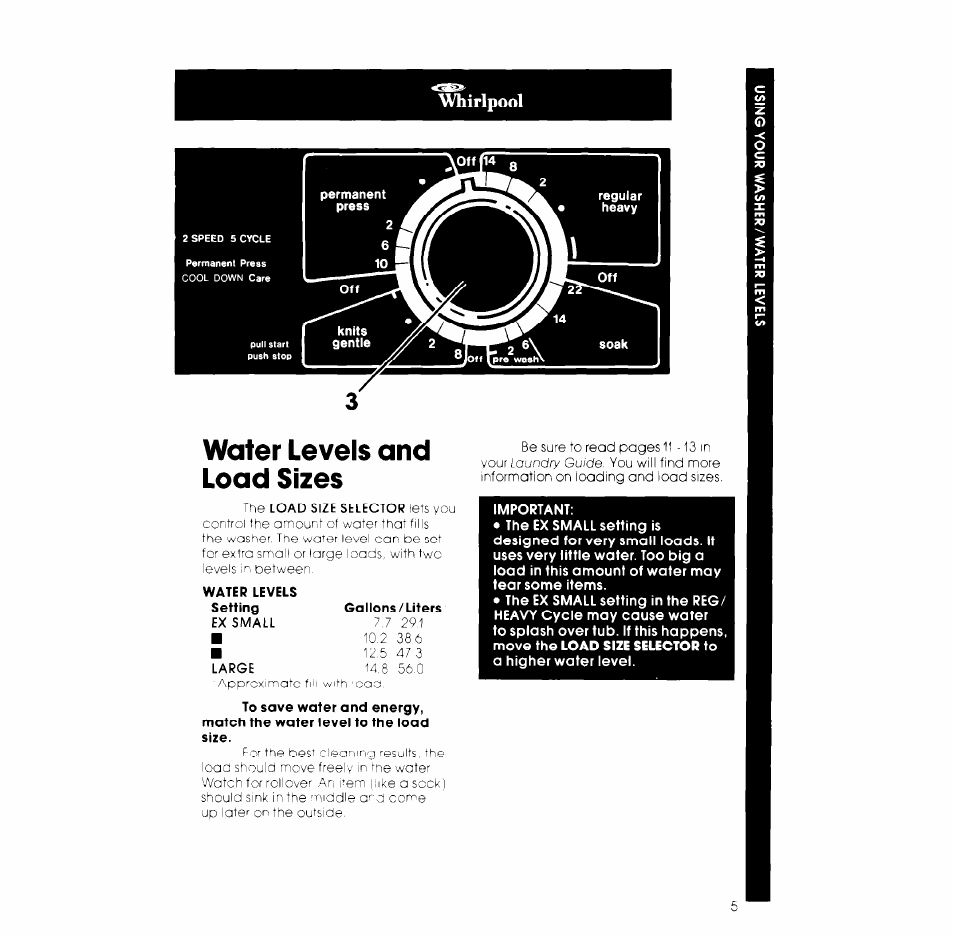 Whirlpool, Water levels and load sizes | Whirlpool LB5500XK User Manual | Page 5 / 12