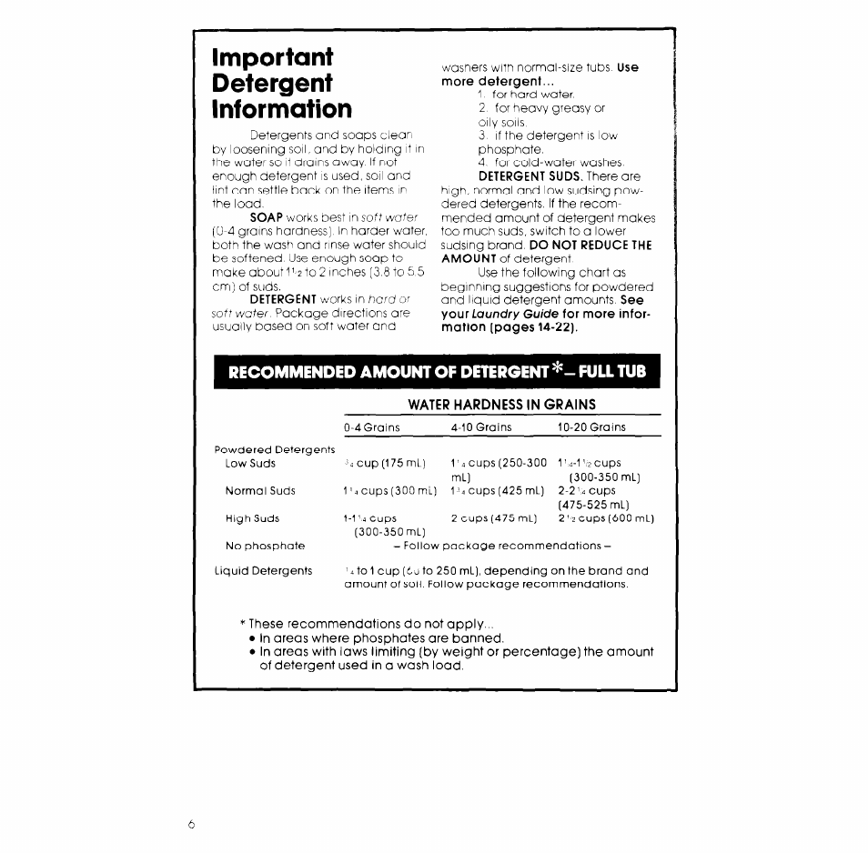 Important detergent information, Recommended amount of detergent, Full tub | Whirlpool LB5500XK User Manual | Page 6 / 12