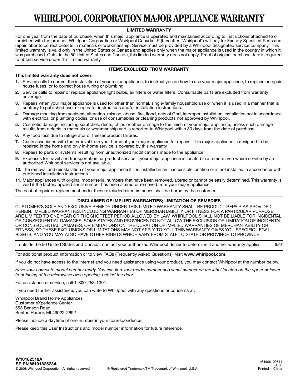 Whirlpool corporation major appliance warranty | Whirlpool 461966100611 User Manual | Page 6 / 6