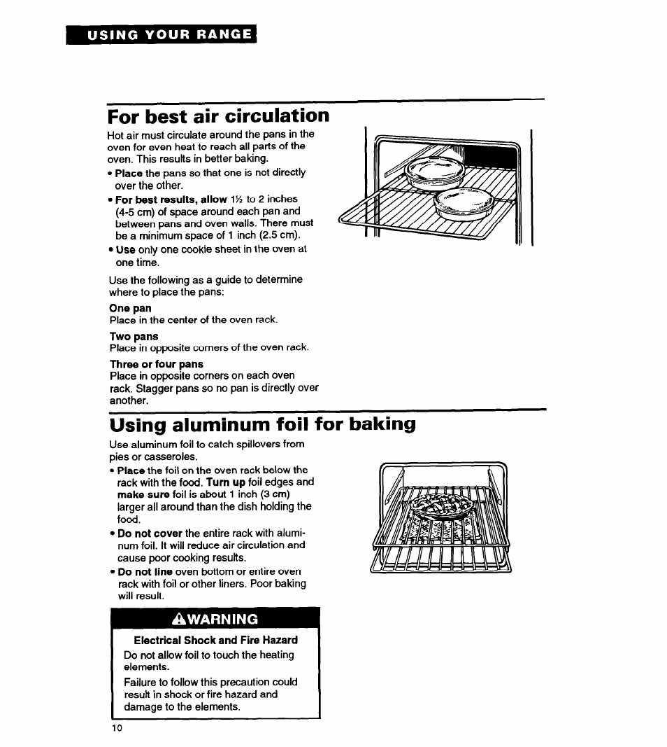 For best air circulation, Using aluminum foil for baking, Touuaa | Warning | Whirlpool FEP310Y User Manual | Page 10 / 26