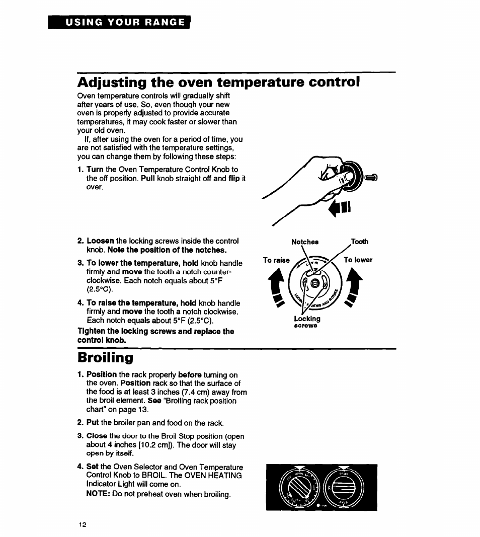 Adjusting the oven temperature control, Broiling | Whirlpool FEP310Y User Manual | Page 12 / 26