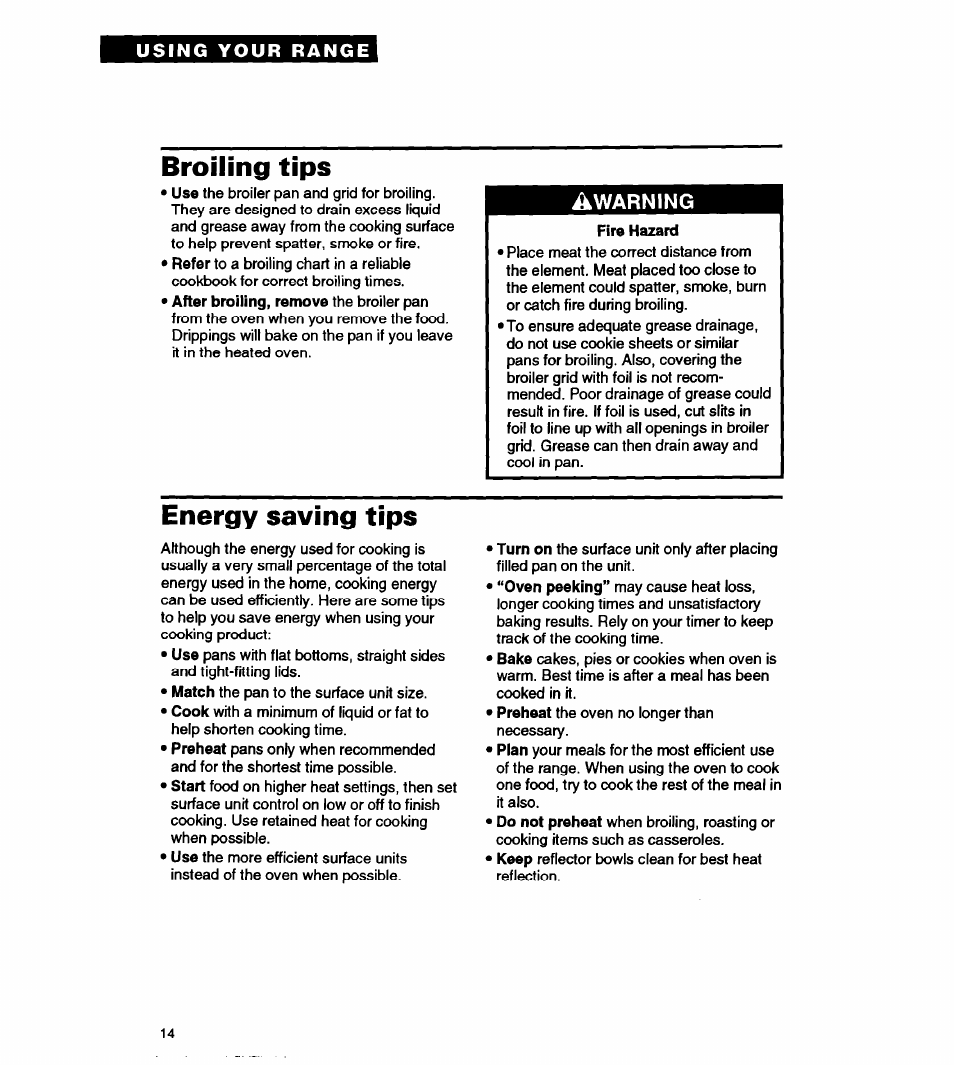 Broiling tips, Energy saving tips, Warning | Whirlpool FEP310Y User Manual | Page 14 / 26