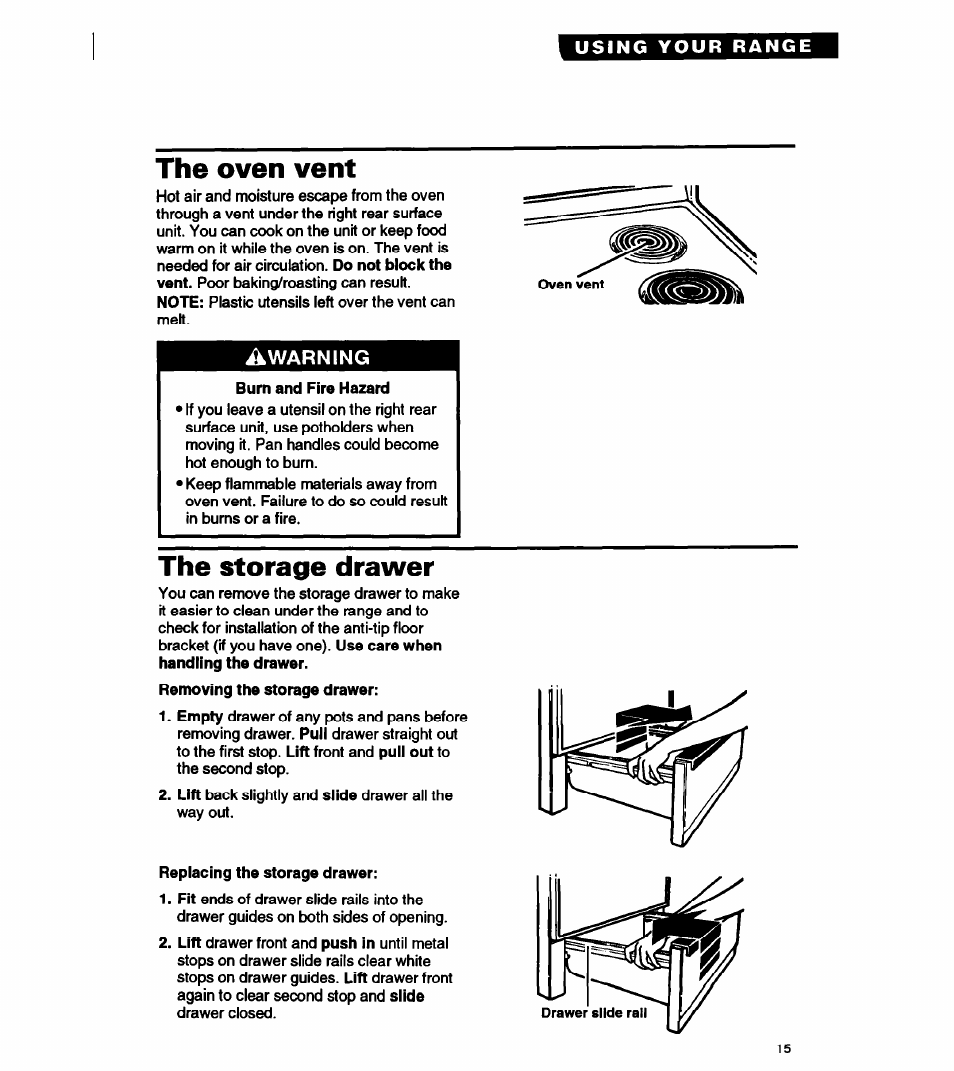 The oven vent, The storage drawer, Warning | Whirlpool FEP310Y User Manual | Page 15 / 26