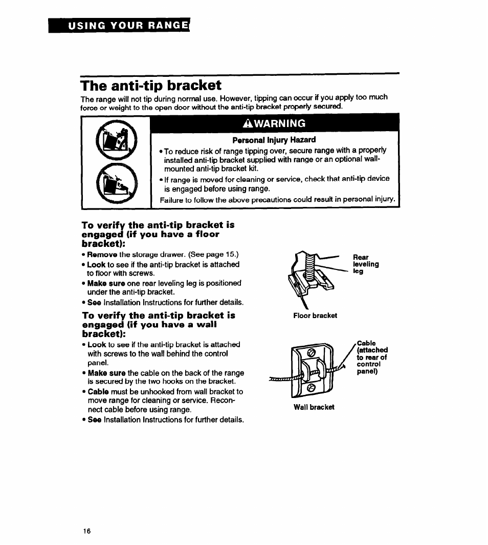 Rq ||0, Vji^j, The anti-tip bracket | Warning | Whirlpool FEP310Y User Manual | Page 16 / 26