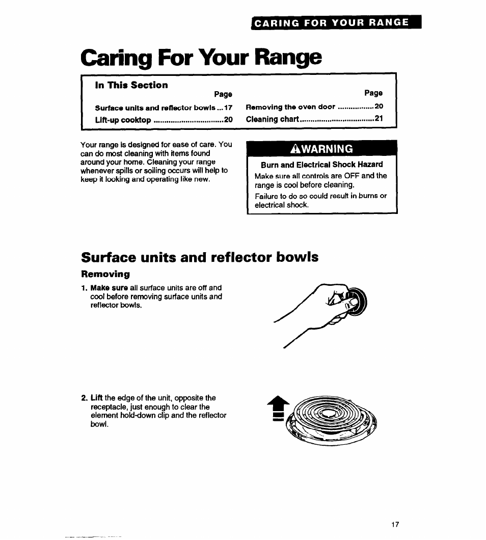 Caring for your range, Surface units and reflector bowls, Removing | Warning | Whirlpool FEP310Y User Manual | Page 17 / 26