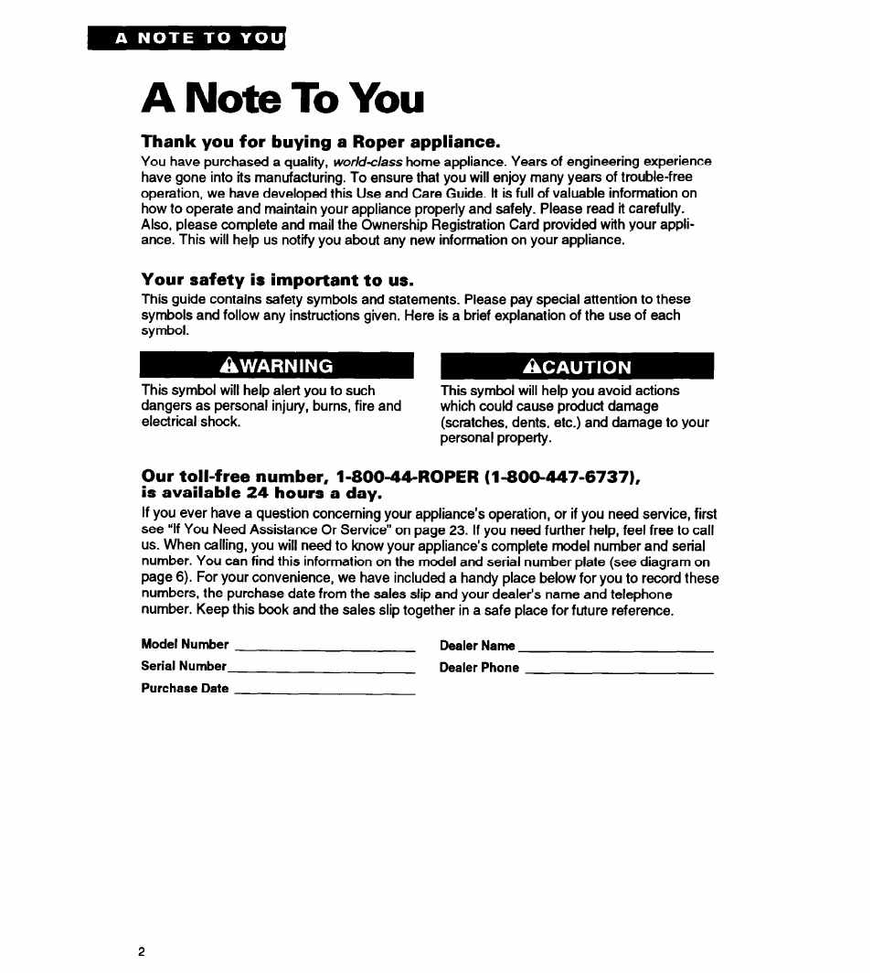 A note to you, Thank you for buying a roper appliance, Your safety is important to us | Whirlpool FEP310Y User Manual | Page 2 / 26
