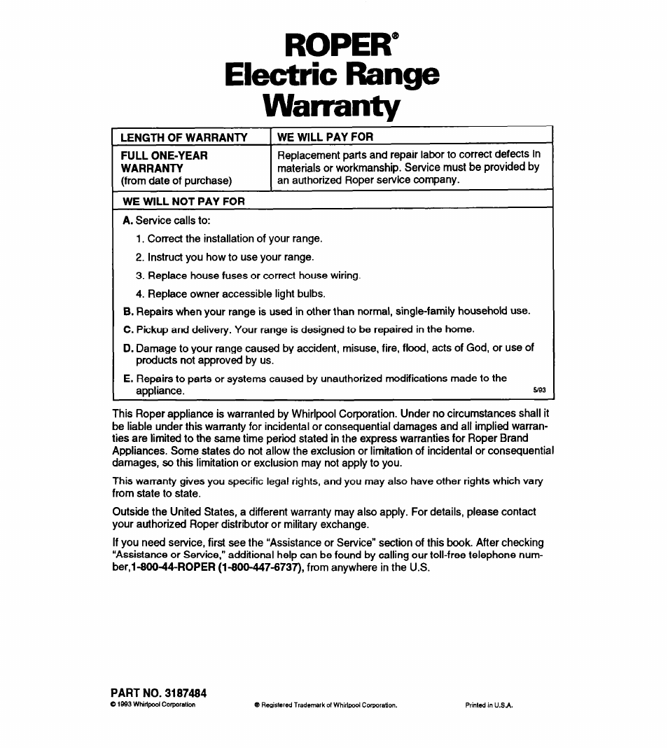 Roper* electric range warranty | Whirlpool FEP310Y User Manual | Page 26 / 26