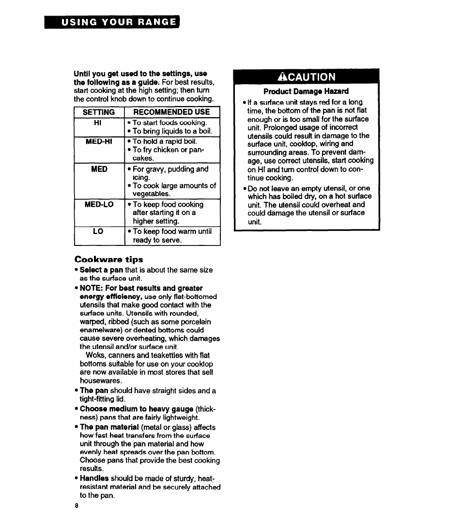 Cookware tips, Caution | Whirlpool FEP310Y User Manual | Page 8 / 26