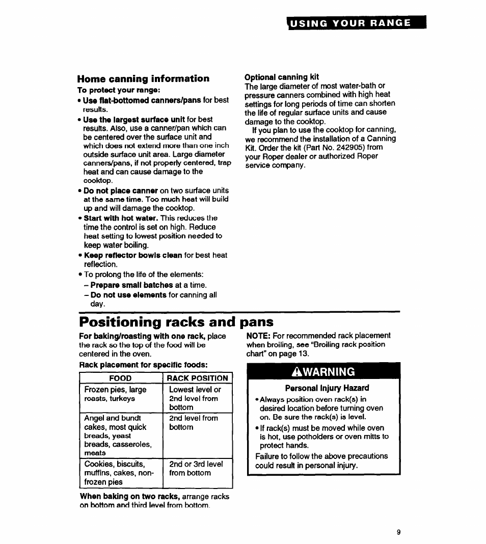 Home canning information, Positioning racks and pans, Warning | Whirlpool FEP310Y User Manual | Page 9 / 26