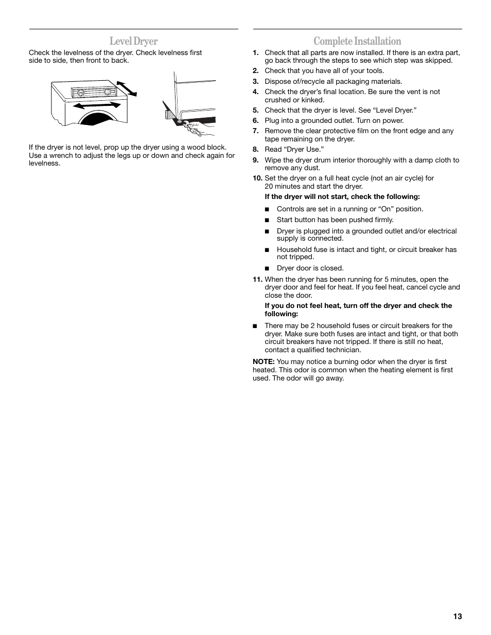 Level dryer, Complete installation | Whirlpool 8578567 User Manual | Page 13 / 20