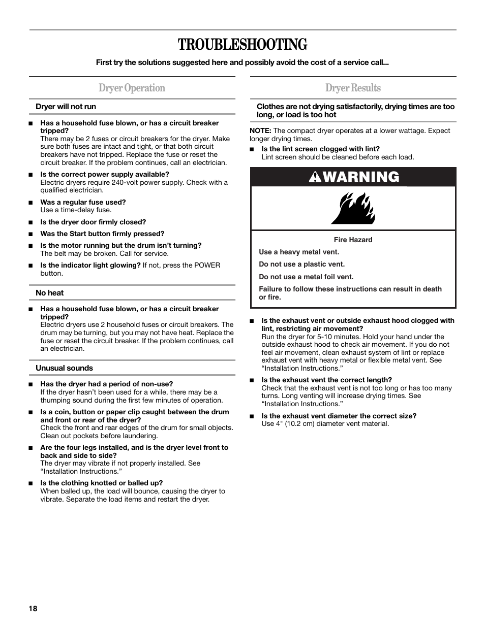 Troubleshooting, Warning, Dryer operation | Dryer results | Whirlpool 8578567 User Manual | Page 18 / 20