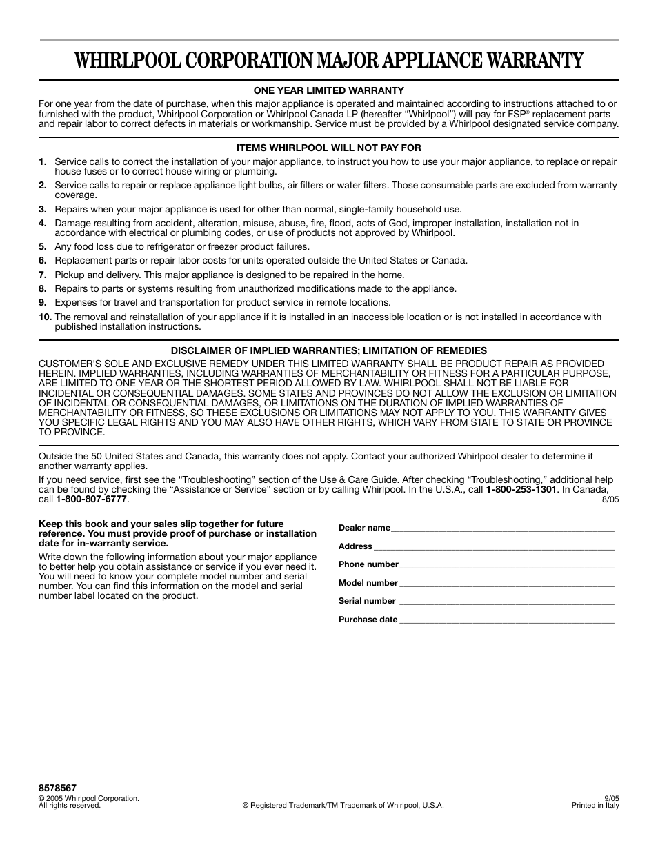 Warranty, Whirlpool corporation major appliance warranty | Whirlpool 8578567 User Manual | Page 20 / 20