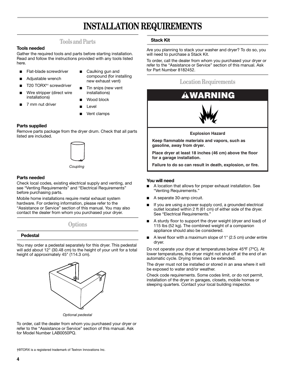 Installation requirements, Tools and parts, Options | Location requirements, Warning | Whirlpool 8578567 User Manual | Page 4 / 20