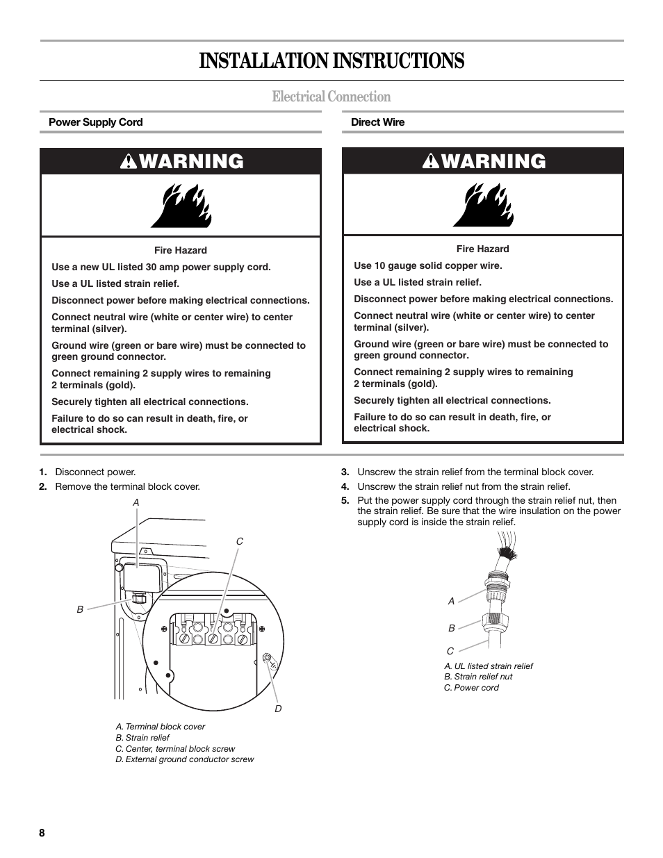 Installation instructions, Electrical connection, Warning | Whirlpool 8578567 User Manual | Page 8 / 20