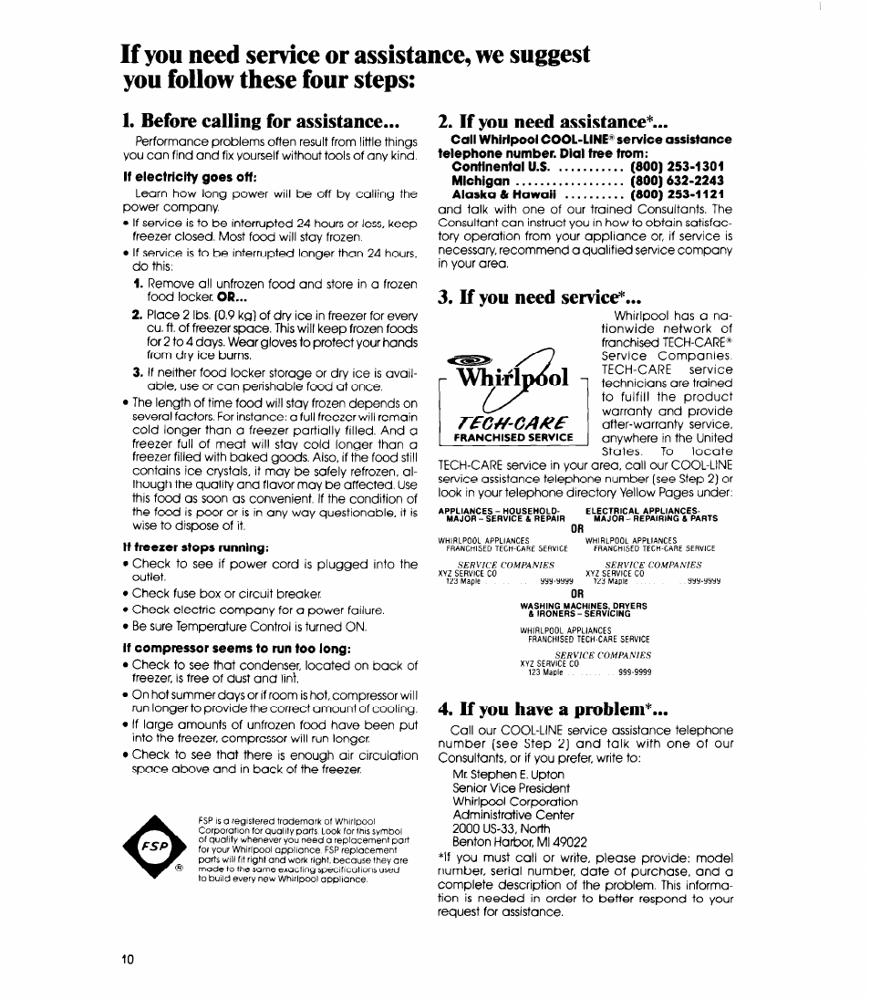 Before calling for assistance, If you need assistance, K you need service | If you have a problem, If you need service 4. if you have a problem | Whirlpool EVIIOCXR User Manual | Page 10 / 12