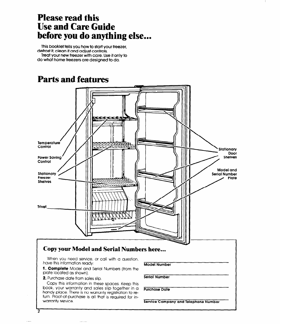Parts and features, Copy your model and serial numbers here | Whirlpool EVIIOCXR User Manual | Page 2 / 12