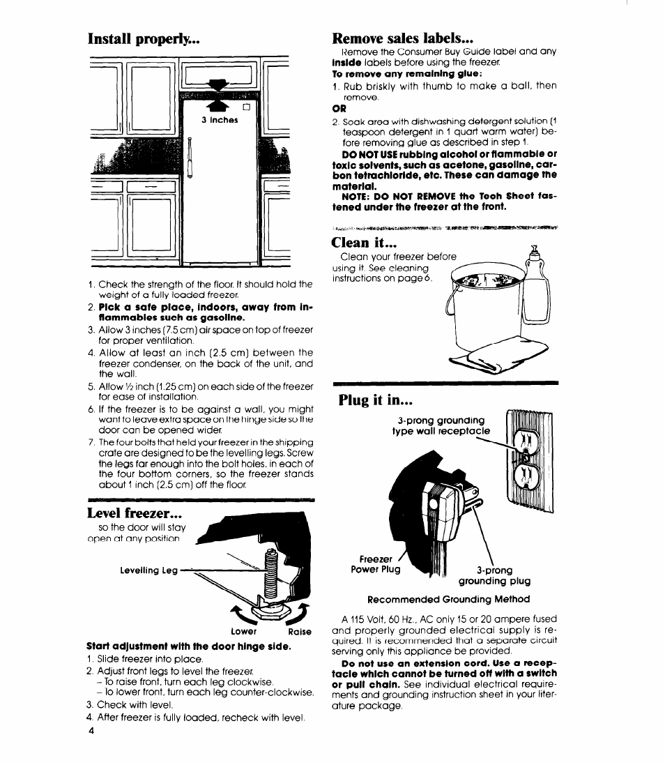Install properly, Remove sales labels, Level freezer | Whirlpool EVIIOCXR User Manual | Page 4 / 12