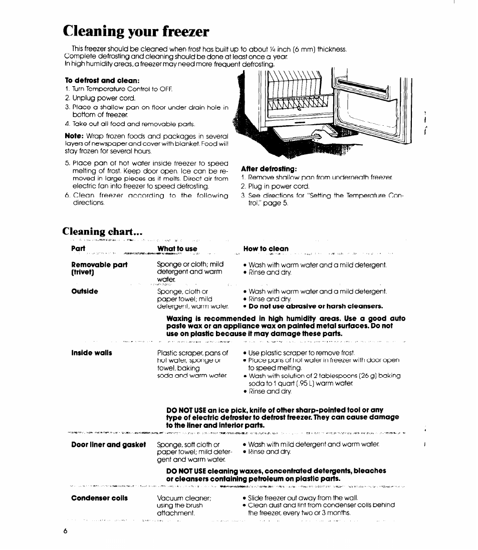 Cleaning your freezer, Cleaning chart, Cieaning chart | Whirlpool EVIIOCXR User Manual | Page 6 / 12