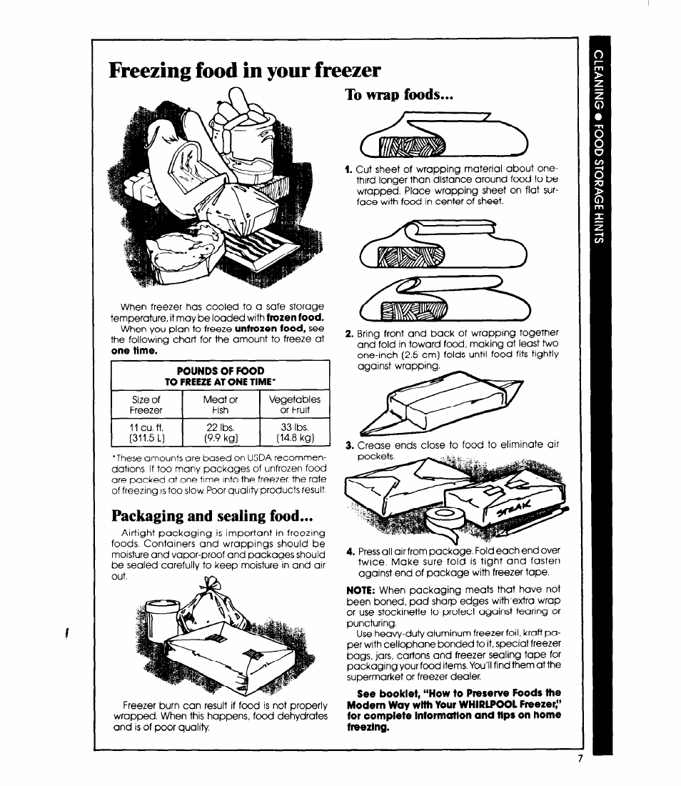 Freezing food in your freezer, To wrap foods, Packaging and sealing food | Packaging and sealing food to wrap foods | Whirlpool EVIIOCXR User Manual | Page 7 / 12