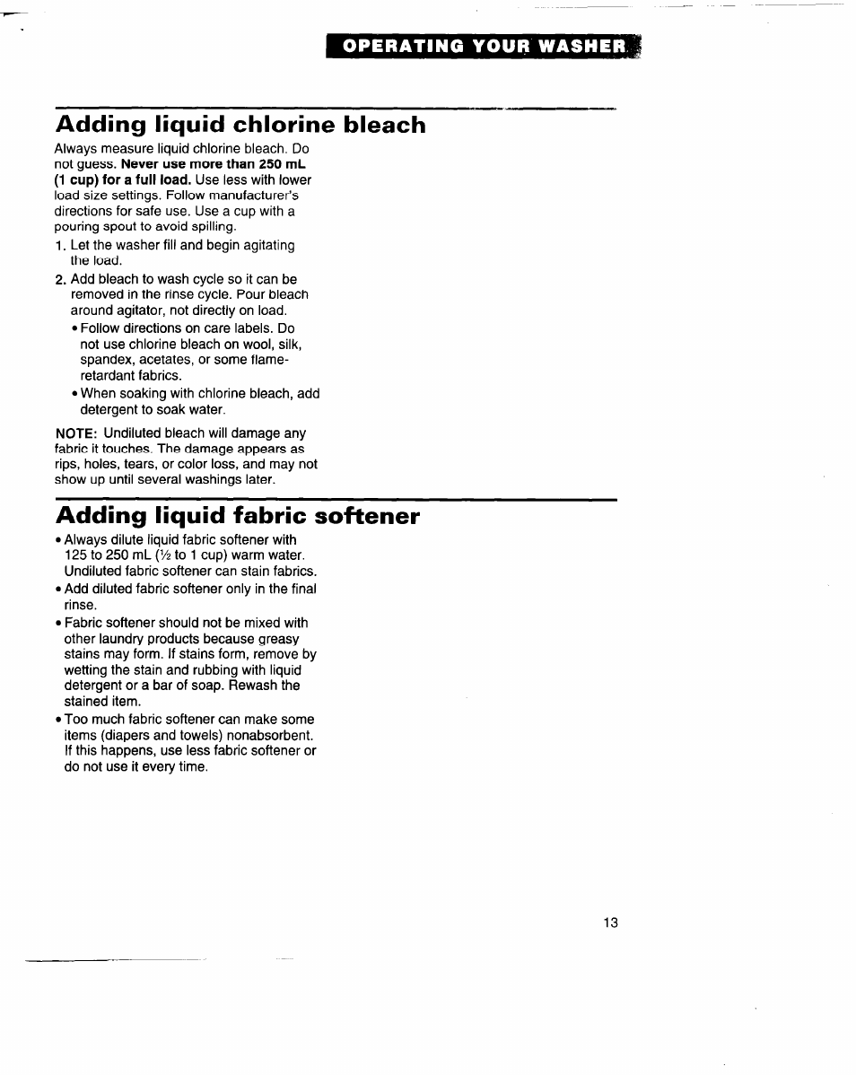 Adding liquid chlorine bleach, Adding liquid fabric softener | Whirlpool 3396315 User Manual | Page 13 / 78
