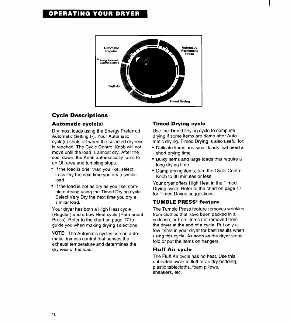 Automatic cycle(s), Timed drying cycle, Tumble press* feature | Fluff air cycle | Whirlpool 3396315 User Manual | Page 16 / 78