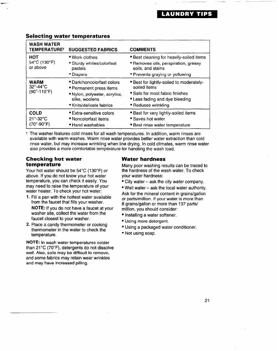 Selecting water temperatures, Checking hot water temperature, Water hardness | Whirlpool 3396315 User Manual | Page 21 / 78