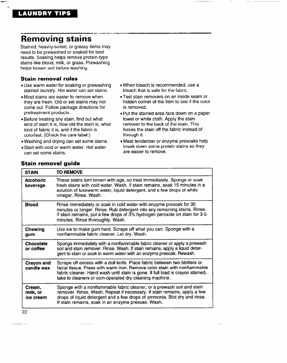 Removing stains, Stain removal rules, Stain removal guide | Whirlpool 3396315 User Manual | Page 22 / 78