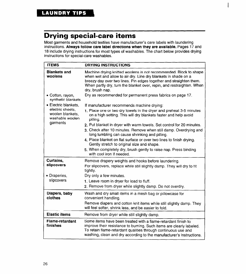 Drying special-care items, Washing special-care items | Whirlpool 3396315 User Manual | Page 26 / 78