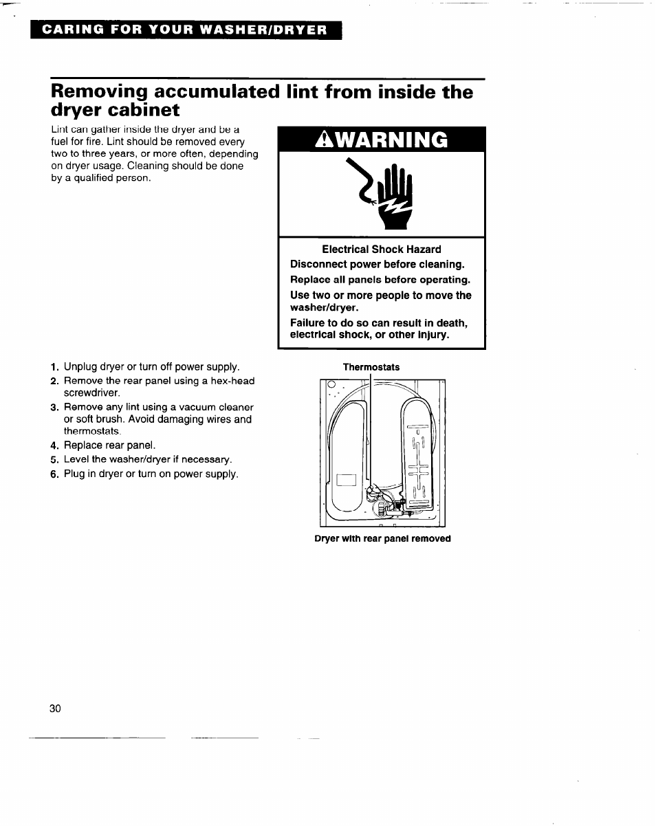 Removing accumulated lint from, Inside the dryer cabinet, Awarning | Whirlpool 3396315 User Manual | Page 30 / 78