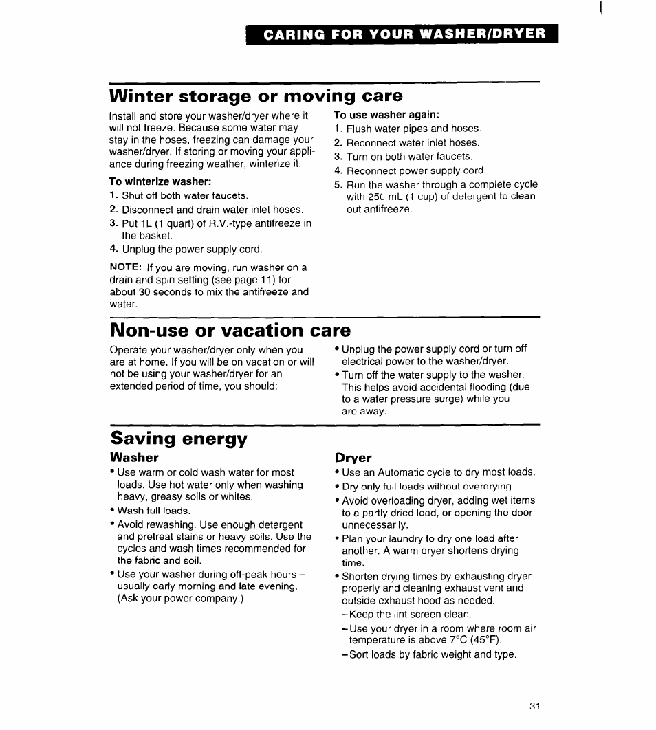 Winter storage or moving care, Non-use or vacation care, Saving energy | Whirlpool 3396315 User Manual | Page 31 / 78