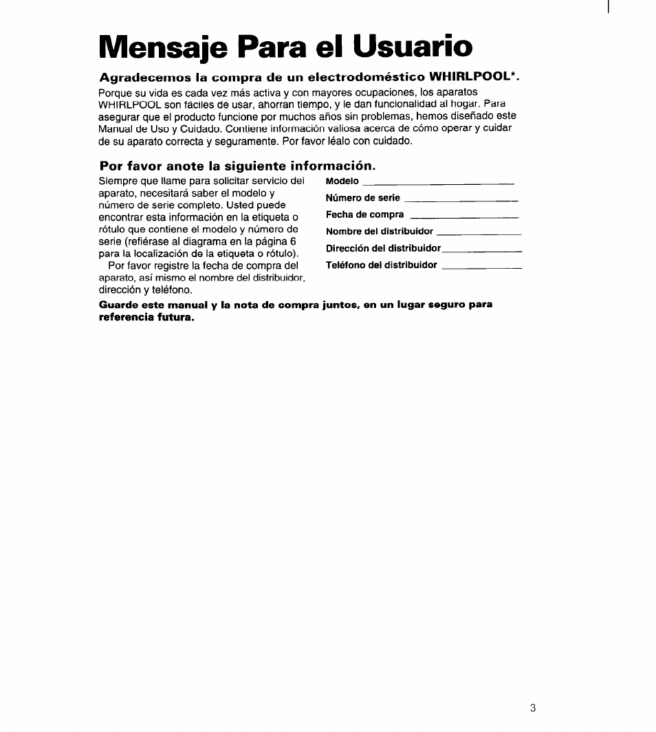 Mensaje para el usuario, Por favor anote la siguiente información | Whirlpool 3396315 User Manual | Page 39 / 78