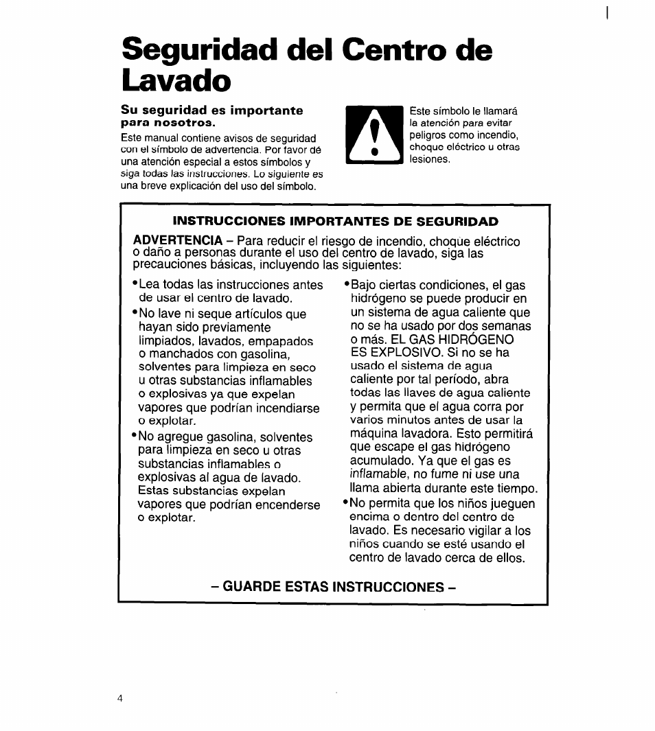 Seguridad del centro de lavado, Instrucciones importantes de seguridad, Seguridad del centro de lavado y 5 | Whirlpool 3396315 User Manual | Page 40 / 78