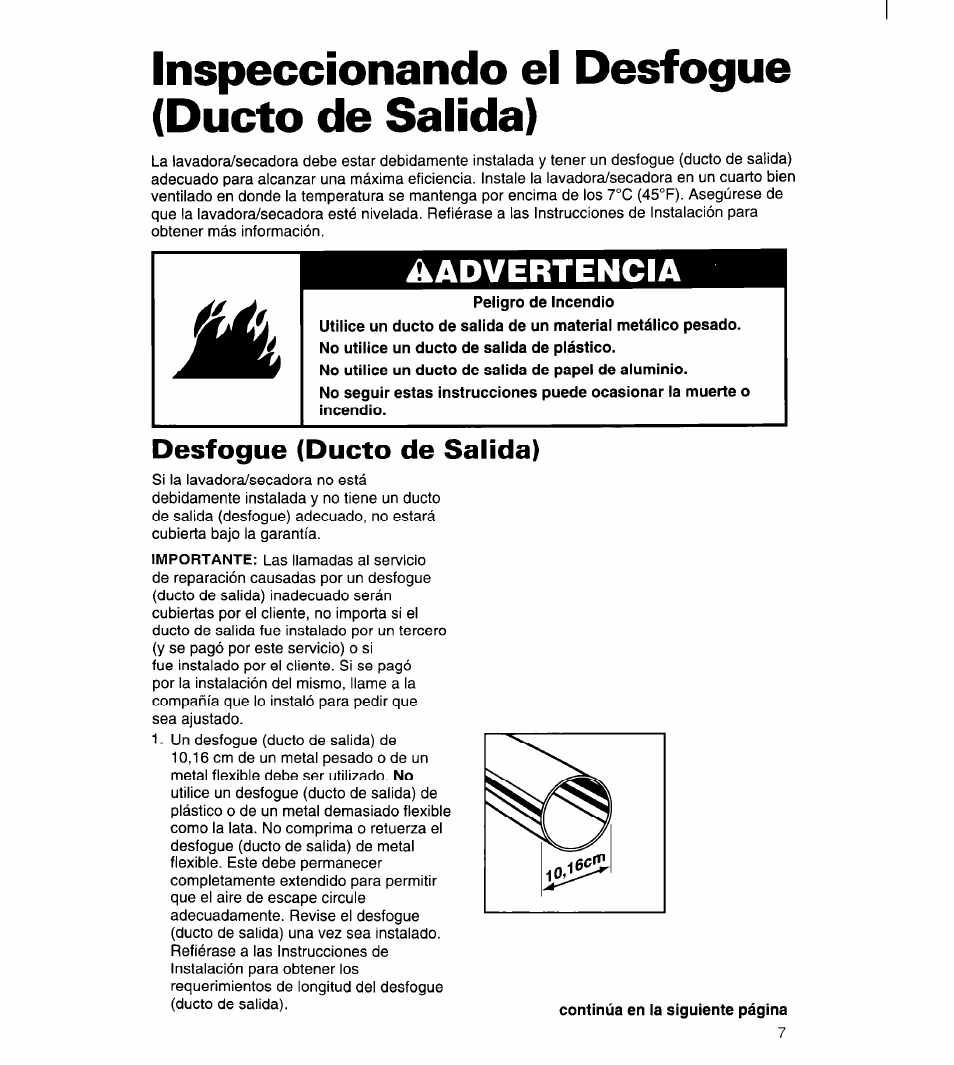 Inspeccionando el desfogue (ducto de salida), Desfogue (ducto de salida), Inspeccionando el | Desfogue (ducto, De salida), Aadvertencia | Whirlpool 3396315 User Manual | Page 43 / 78