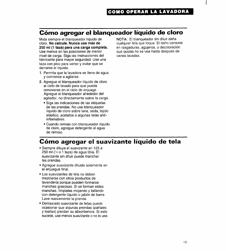 Cómo agregar el blanqueador líquido de cloro, Cómo agregar el suavizante líquido de tela | Whirlpool 3396315 User Manual | Page 51 / 78