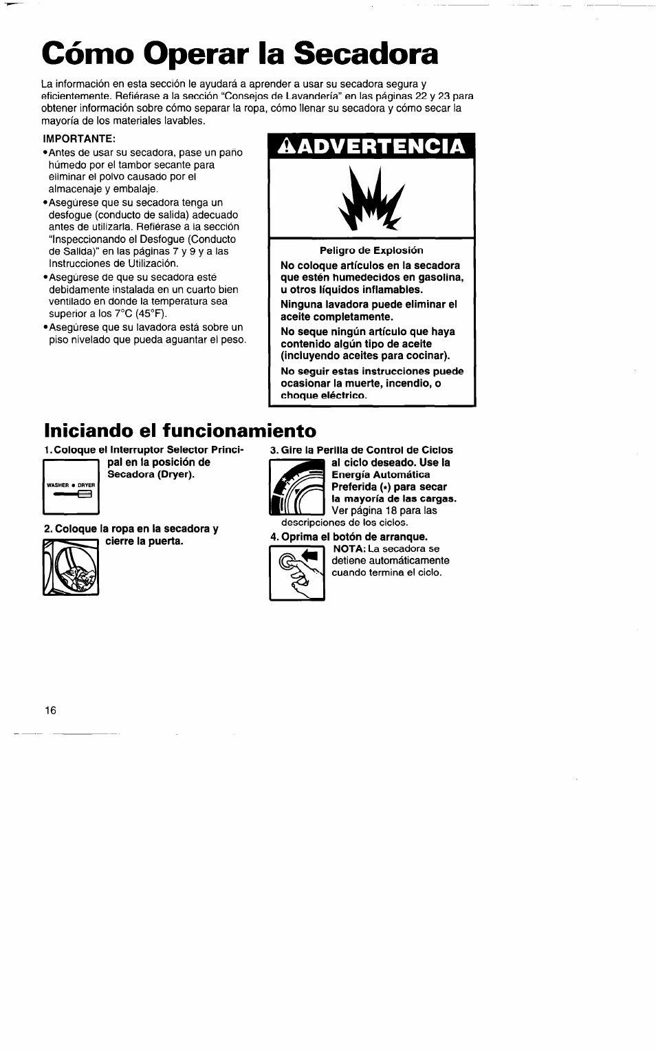 Cómo operar la secadora, Cómo operar la lavadora, Advertencia | Iniciando el funcionamiento | Whirlpool 3396315 User Manual | Page 52 / 78