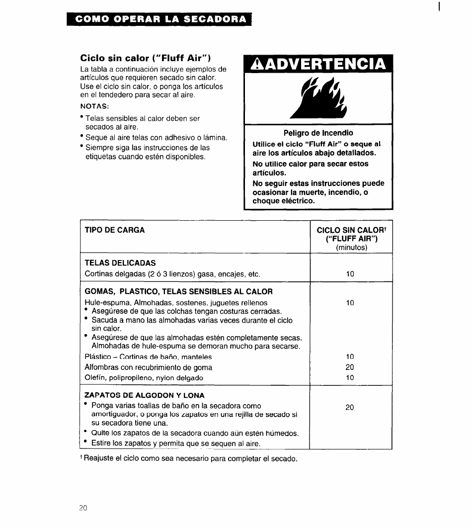 Ciclo sin calor ("fluff air"), Aadvertencia | Whirlpool 3396315 User Manual | Page 56 / 78